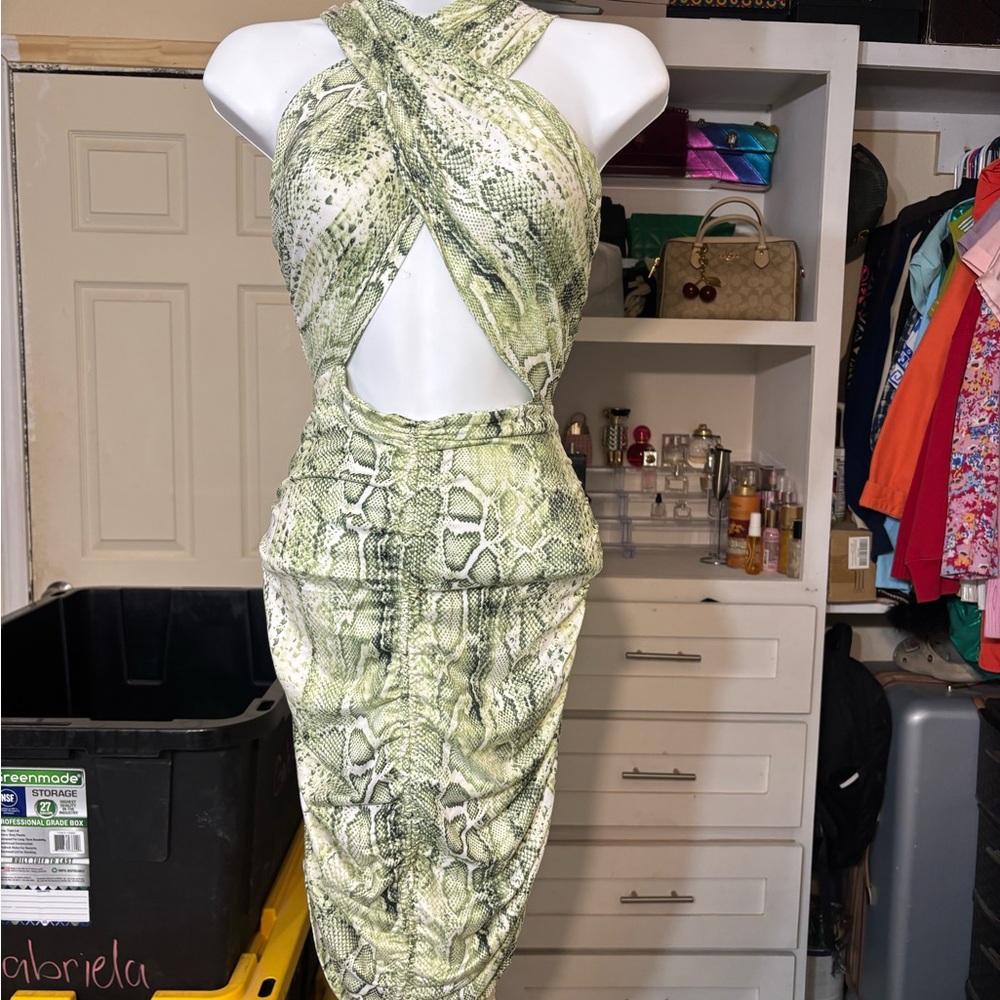 Green Snake Print Cutout Dress